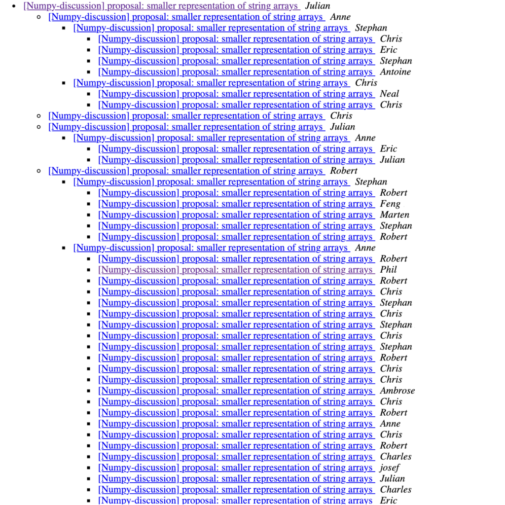 Screenshot of a threaded discussion on NumPy's mailing list about string array representation, showing multiple responses and nested replies from contributors.