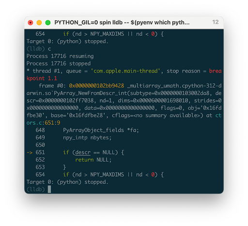 Screenshot of a debugging session in a terminal window showing Python code with LLDB debugger output, highlighting a breakpoint and stack trace in dark theme.