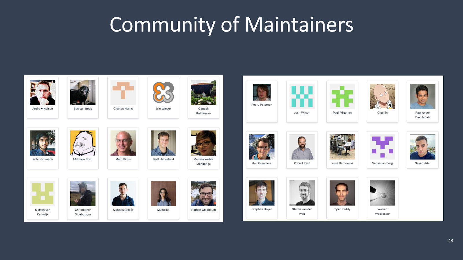 Grid display showing portraits and names of NumPy project maintainers arranged in two panels, featuring contributors like Andrew Nelson, Charles Harris, and others