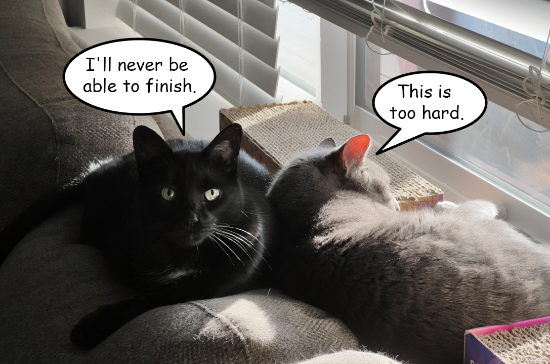 Two cats lounging by a window with venetian blinds, featuring a black cat and a grey cat with speech bubbles expressing frustration: 'I'll never be able to finish' and 'This is too hard'.