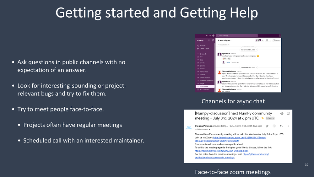 Screenshot of 'Getting Started and Getting Help' slide showing community engagement tips, with examples of async chat channels and Zoom meeting announcements for NumPy project.