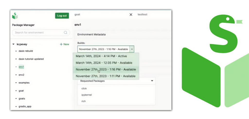 The image shows the interface of a package manager or environment manager tool. On the left, there is a list of environments such as "kcpenvy", "dask-rebuild", "dask-tutorial-updated", "env1", "env2", "examples", "goat", "goats", and "graphio_app". Each environment has metadata displayed including build dates and times, with some marked as "Available" and one marked as "Active". In the center panel, there is information about the "env1" environment, including requested packages like "click", "ipykernel", and "rich". There are also options to log out and close the "testtest" window.