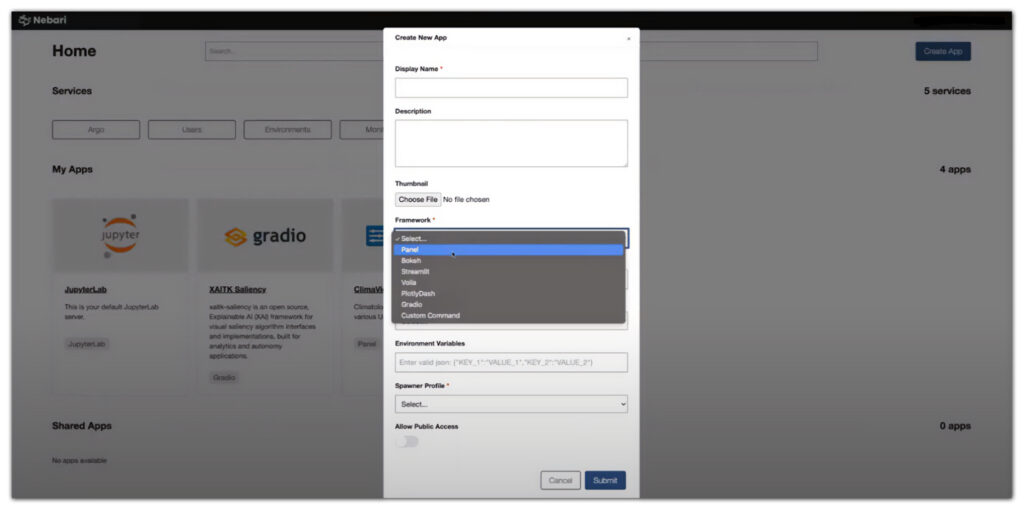 The image shows the Nebari platform's home screen, which allows users to create and manage applications. The main sections are: Services sidebar with options like Argo, Users, Environments, and Monitoring. "My Apps" area displaying two existing apps: Jupyter and Gradio (an AI/ML framework). "Shared Apps" area which is currently empty. A "Create New App" modal dialog with fields to configure a new app, including: Display Name and Description Option to upload a Thumbnail file Framework dropdown to select technology like Panel, Bokeh, Streamlit, etc. Environment Variables field Spawner Profile selection Option to Allow Public Access Cancel and Submit buttons The interface allows users to launch services like JupyterLab and Gradio apps, as well as create new applications by specifying details like the framework, environment variables, and access permissions.